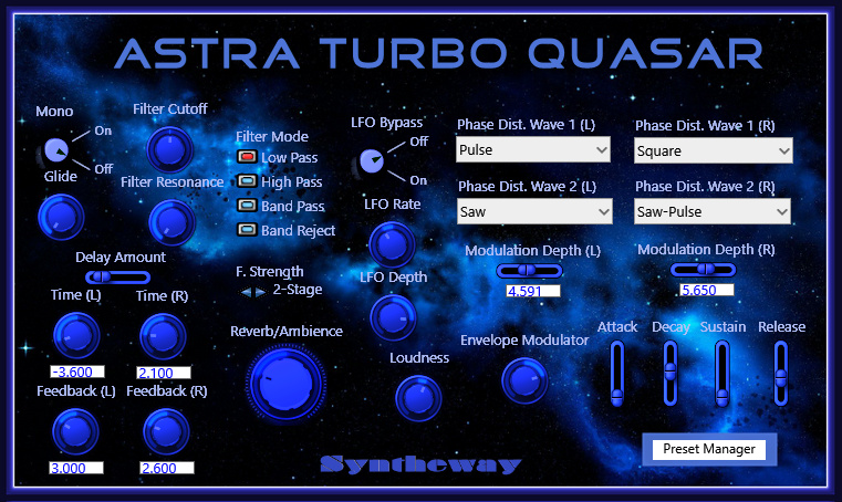Click on to return to the main page of Astra Turbo Quasar Virtual Synthesizer VST VST3 Audio Unit Software from Graphical User Interface (Screenshot) for Windows and Mac 64 bit