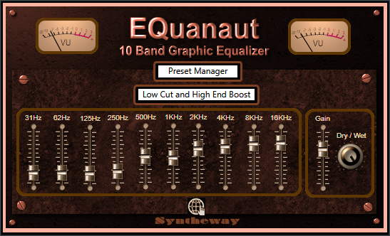 Click on to return to the main page of EQuanaut, a VST, VST3 and Audio Unit stereo graphic equalizer with a set of band-pass filters that divide the audio spectrum into 10 bands