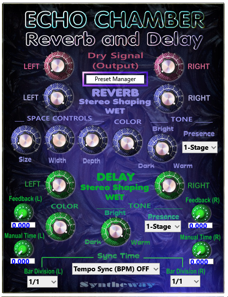 Click on to return to the main page of Echo Chamber Reverb and Delay VST Software from the Graphical User Interface (Screenshot)