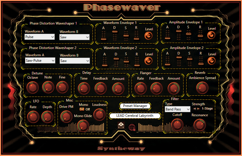 Click on to return to the main page of Phasewaver, a phase distortion synthesizer with a vast array of composite waveshaping and amplitude modulation to generate a complex frequency spectrum, from Graphical User Interface (Screenshot)