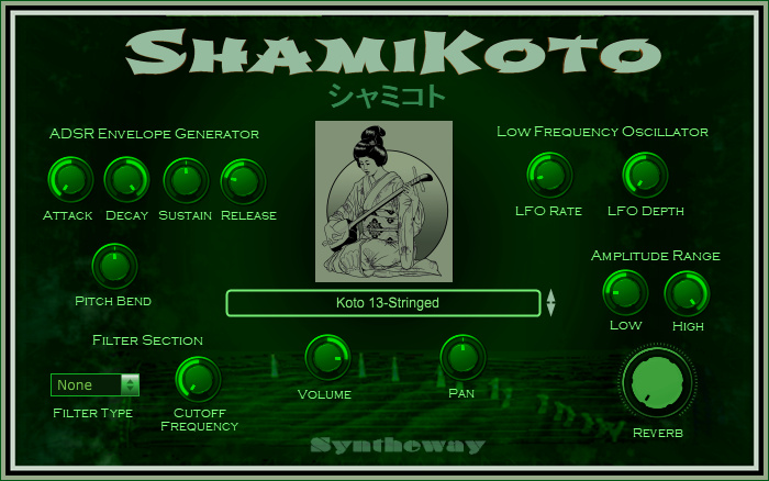ShamiKoto is a virtual Koto (13-stringed) and Shamisen (three-stringed lute) designed to emulate those traditional Japanese musical instruments. Includes pre-recorded Koto glissandos.