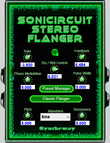 Click on to return to the main page of Sonicircuit Stereo Flanger VST VST3 and Audio Unit Software from the Graphical User Interface (Screenshot)