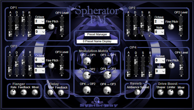 Click on to return to the main page of Spherator FM Synthesizer VST VST3 Audio Unit Software from Graphical User Interface (Screenshot) for Windows and Mac 64 bit