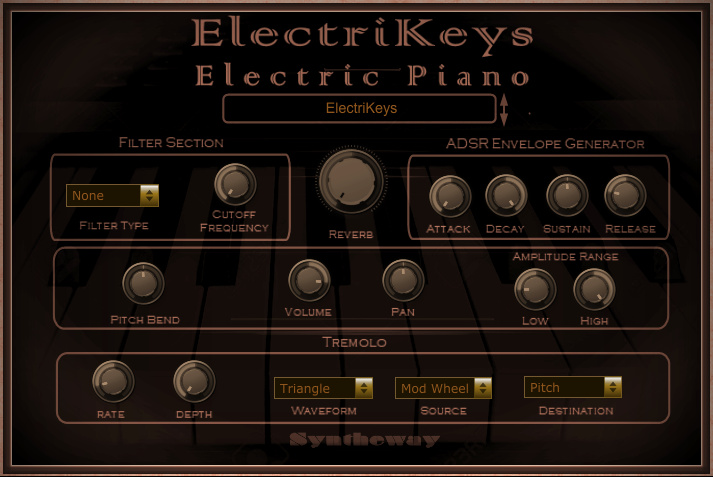Click on to return to the main page of ElectriKeys Electric Piano VSTi Software. ElectriKeys Electric Piano VSTi Software from Graphical User Interface (Screenshot)